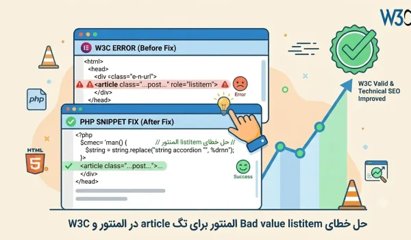 حل خطای Bad value listitem برای تگ article در المنتور و W3C